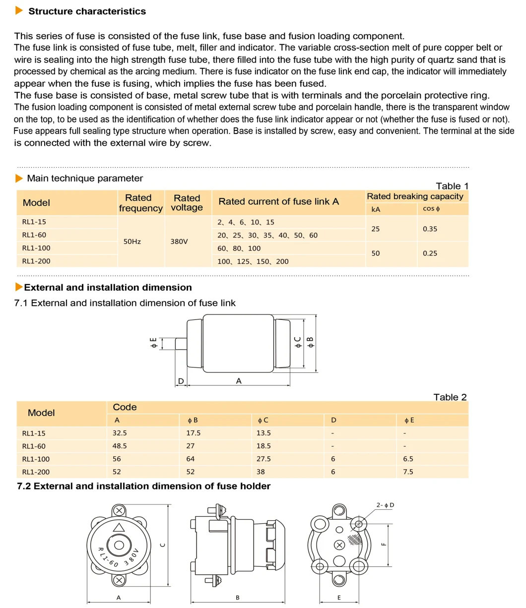 Rl1 Series Porcelain Screw Fuse Links & Holders, Rl1 Series 15A 60A 100A 200A Spiral Ceramic Fusible Core & Fuse Link