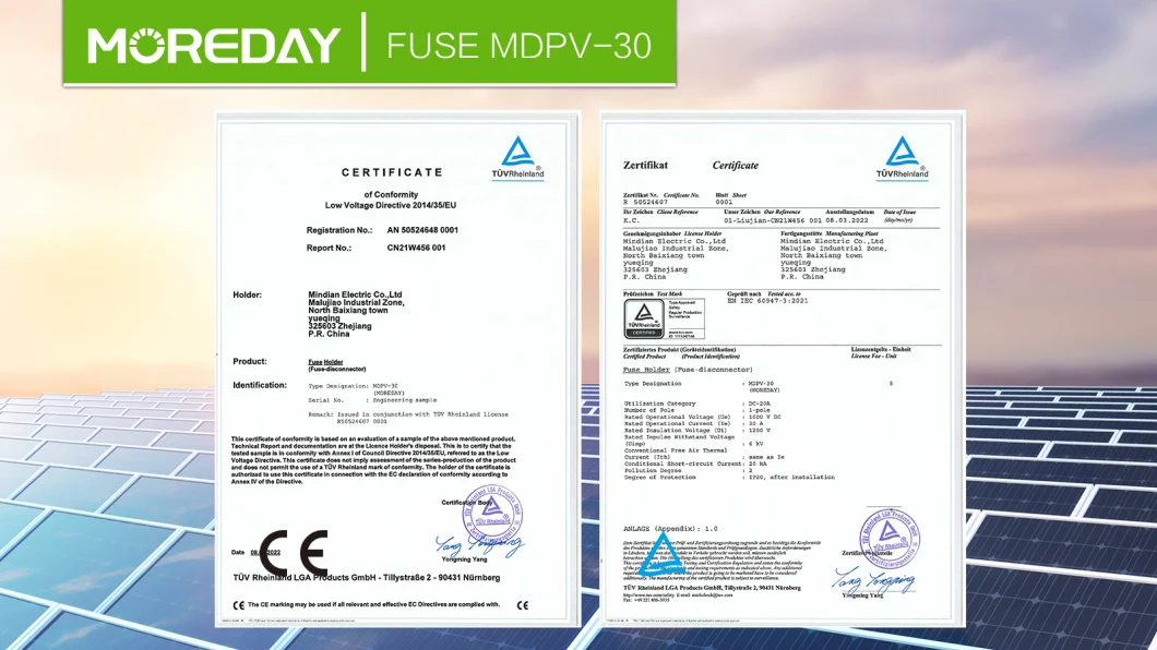 Moreday Solar PV DC 1000V 15A 20A 25A 32A CE CB TUV Certification Fuse with Fuse Link Suitable for Solar Systems